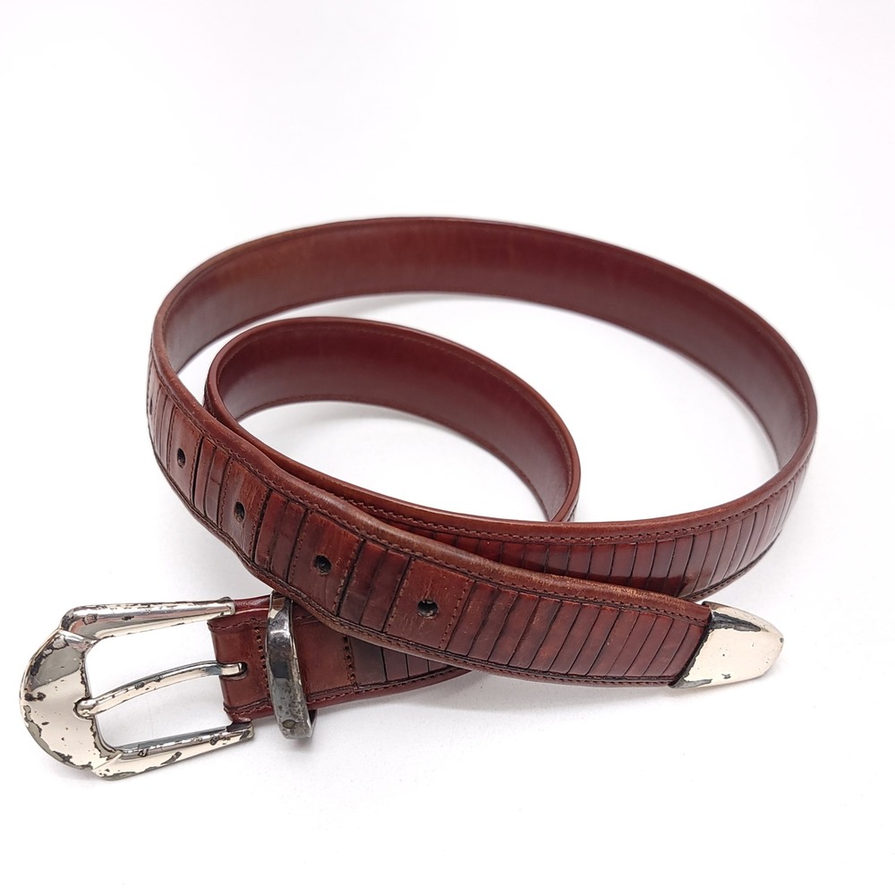 Mezlan Mens 36 Brown Ribbed Leather Belt Silver Buckle Made in Spain 3109/30